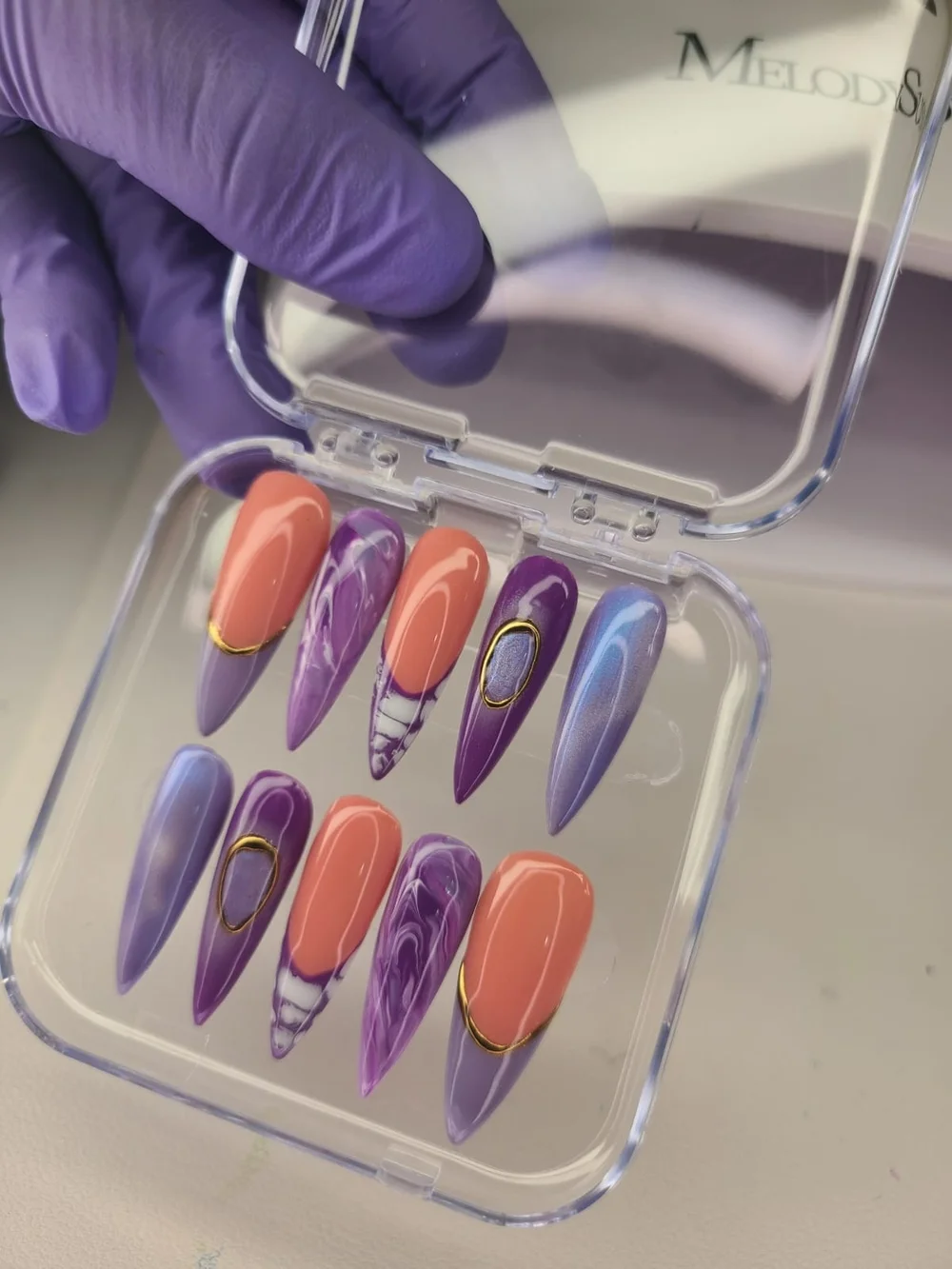 Size (M) Pearlescent Purple & Peach Stiletto Press-On Nail Set